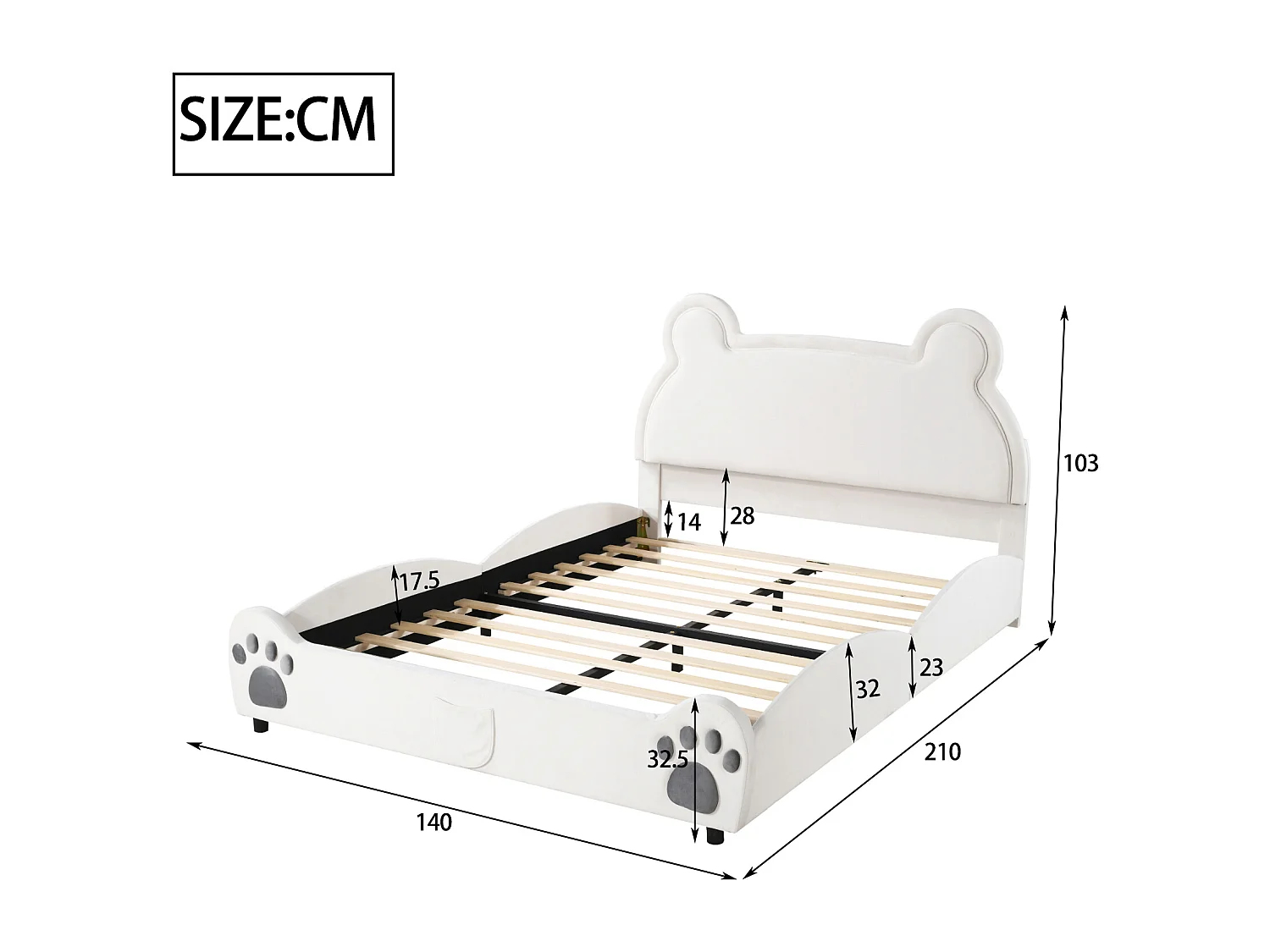 Letto doppio per bambini 140x200 cm – A forma di orso in velluto bianco (materasso non incluso)