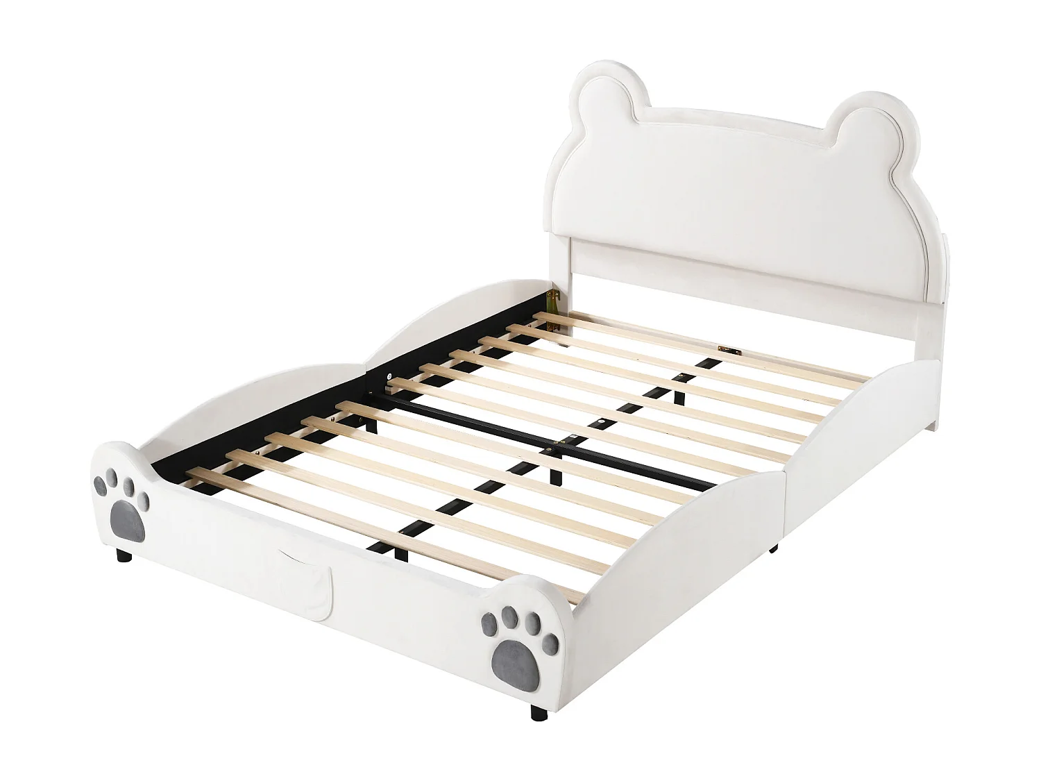 Letto doppio per bambini 140x200 cm – A forma di orso in velluto bianco (materasso non incluso)