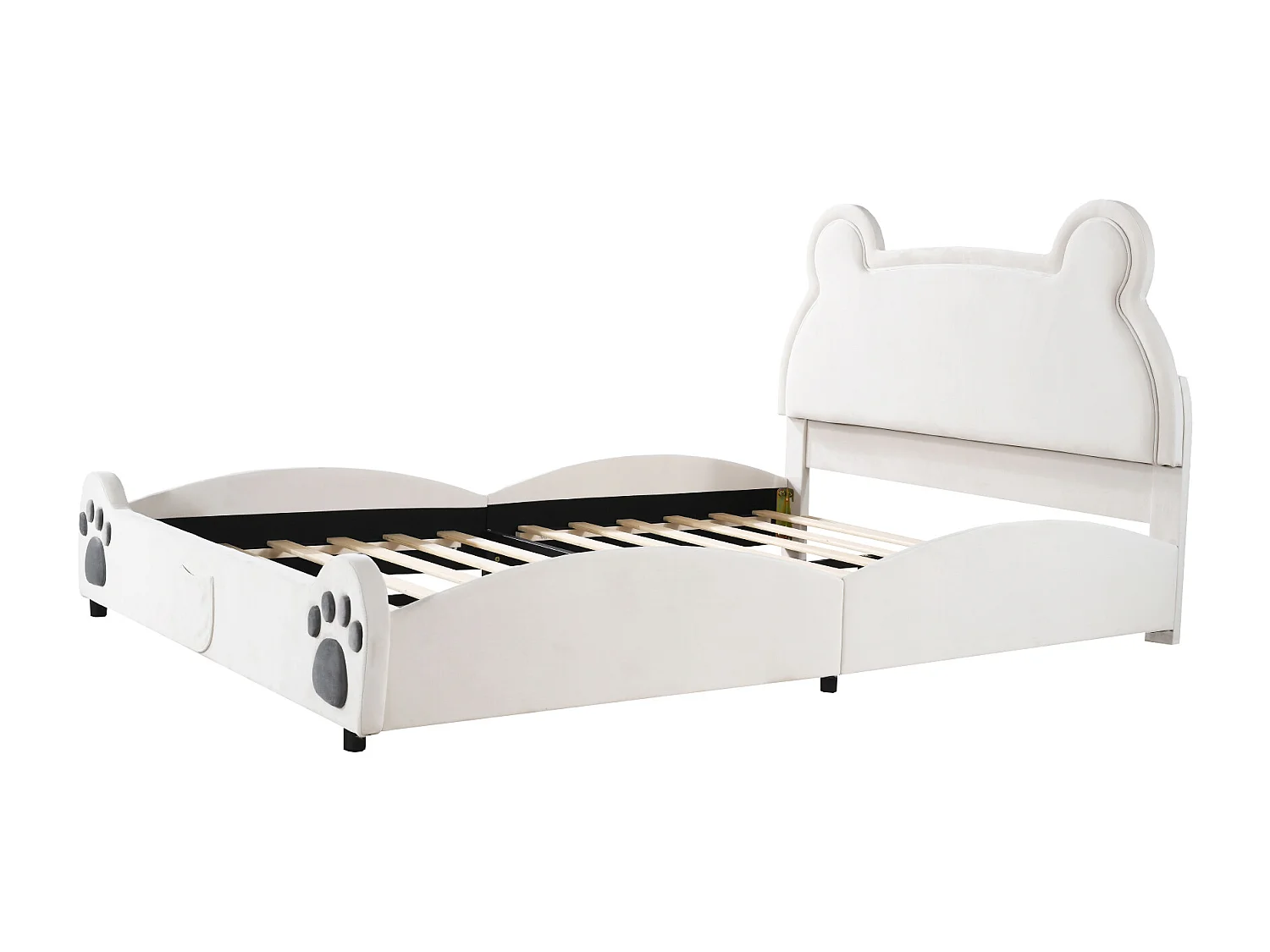 Letto doppio per bambini 140x200 cm – A forma di orso in velluto bianco (materasso non incluso)
