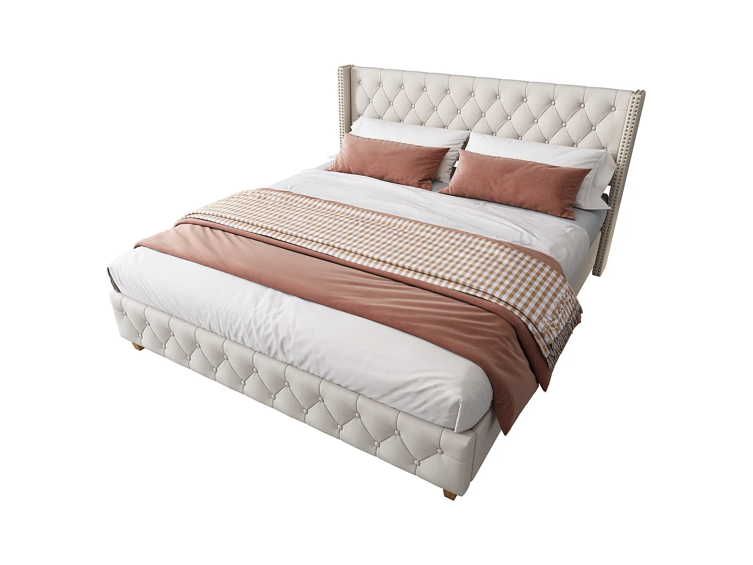 Cama doble 160x200 cm en lino beige - Cabecero con botones y clavos, patas de madera (sin colchón)