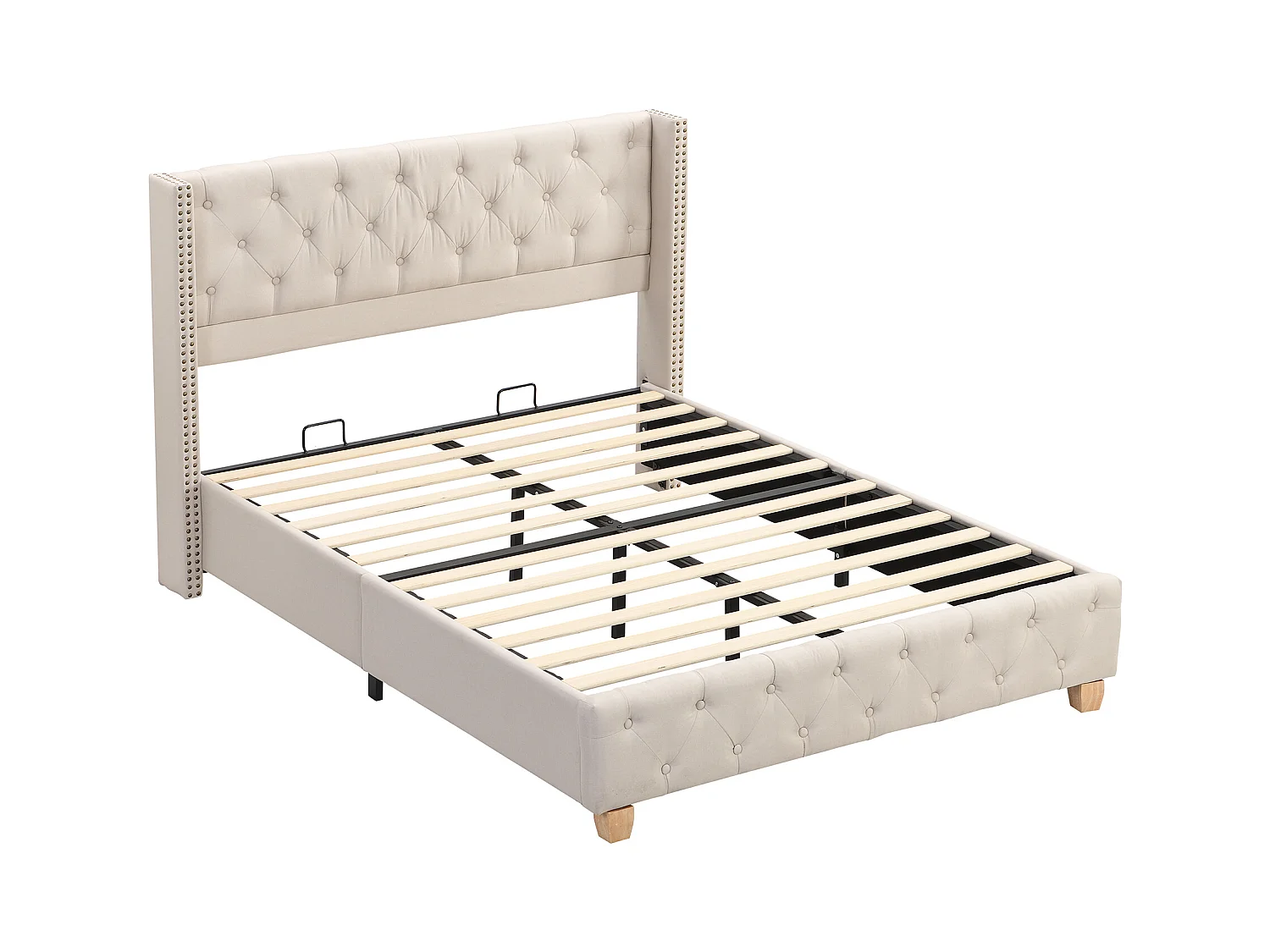 Lit adulte 160x200 cm en lin beige - Tête de lit avec bouton et clous, pieds en bois, sans matelas