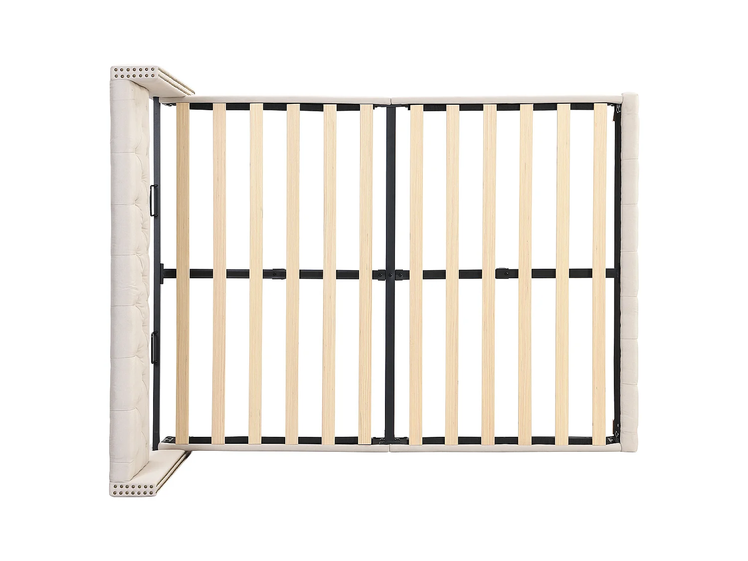 Lit adulte 160x200 cm en lin beige - Tête de lit avec bouton et clous, pieds en bois, sans matelas