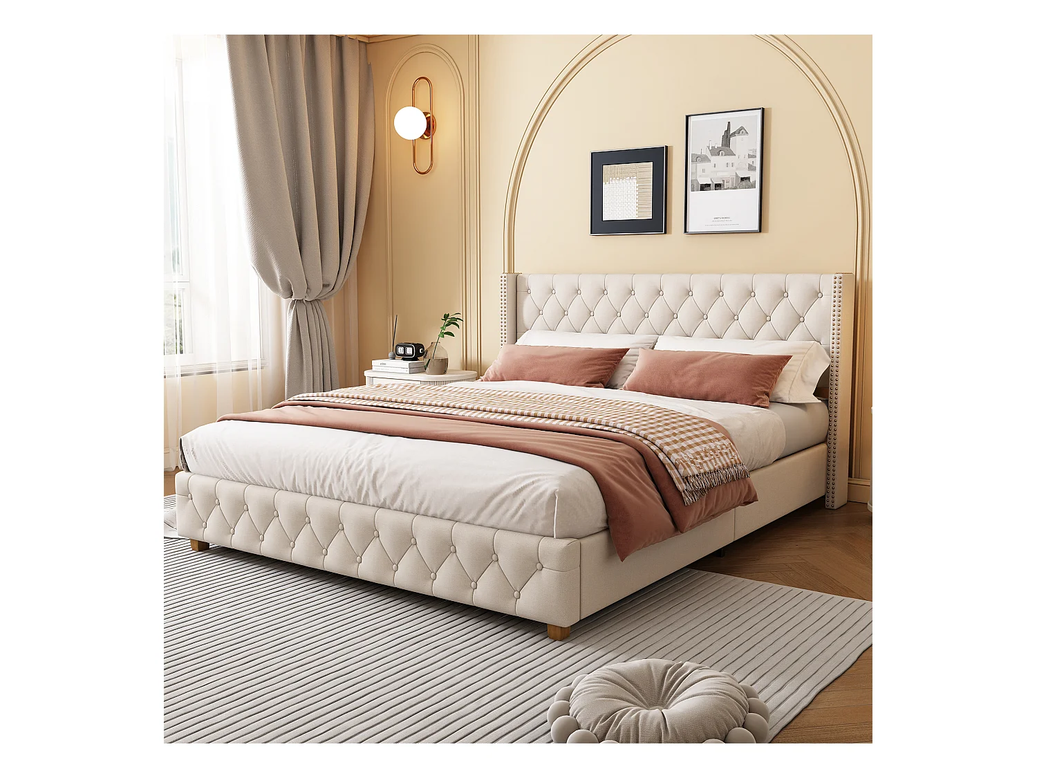Lit adulte 160x200 cm en lin beige - Tête de lit avec bouton et clous, pieds en bois, sans matelas