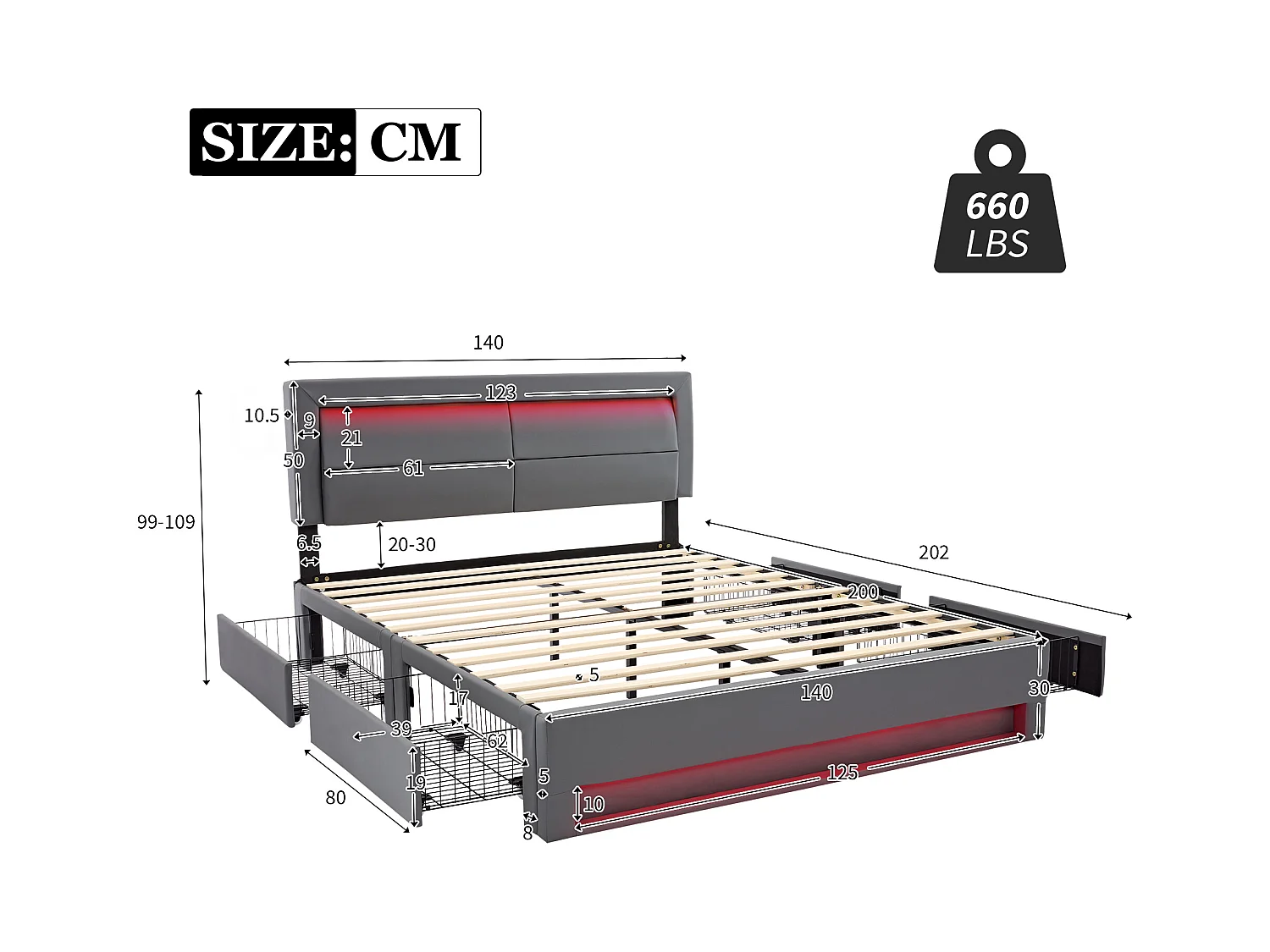 Tweepersoonsbed 140x200 cm met 4 laden - USB-poort, LED-verlichting - grijs PU (zonder matras)