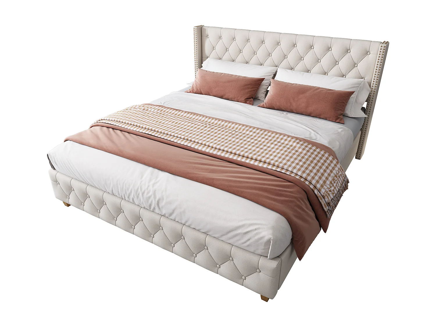 Cama de casal 140x190 cm com estrado de ripas e cabeceira, linho bege (sem colchão)