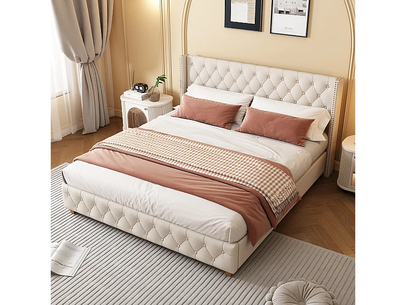 Tweepersoonsbed 140x190 cm met lattenbodem en hoofdeinde, beige linnen (zonder matras)