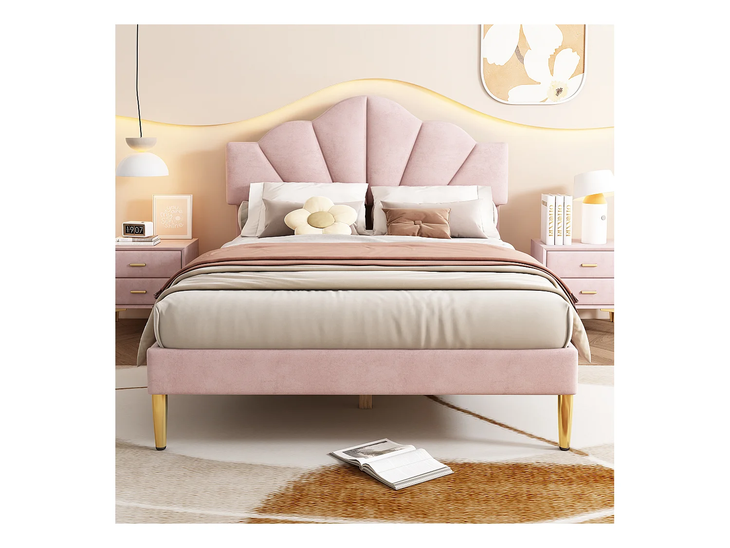 Tweepersoonsbed 140x200 cm in roze fluweel – Schelpstijl met goudkleurige metalen poten (zonder matras)