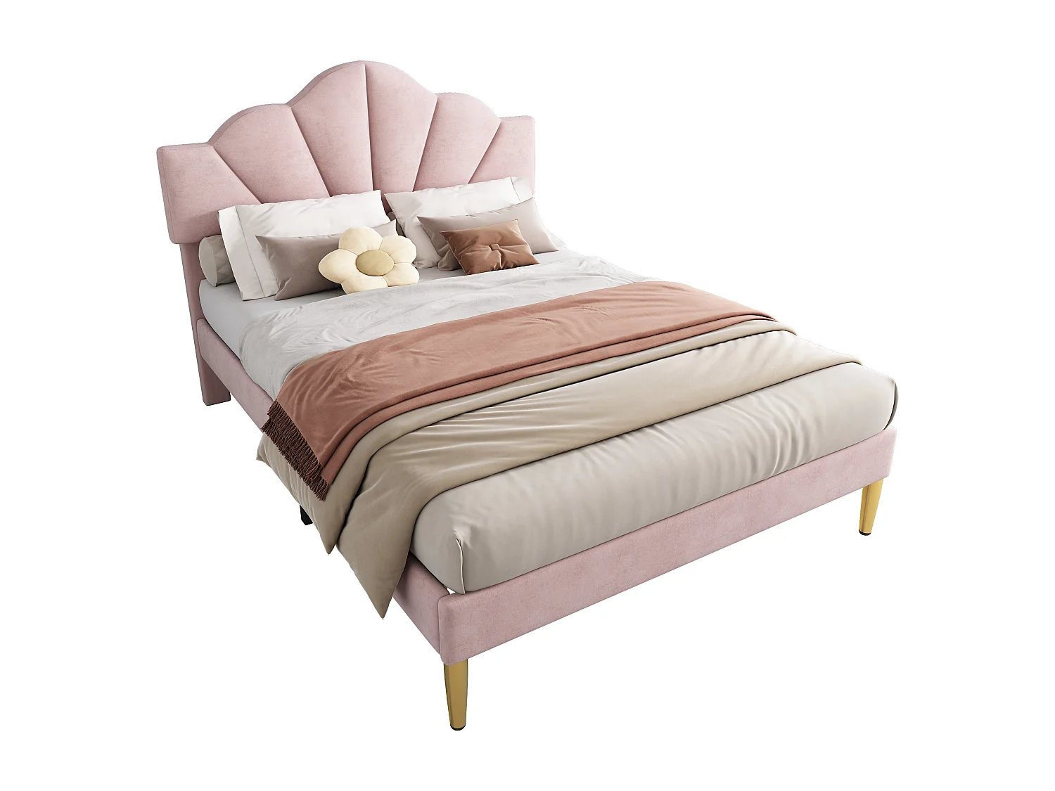 Lit enfant 140x200 cm en velours Rose, lit de style coquillage avec pieds en fer doré (sans matelas)