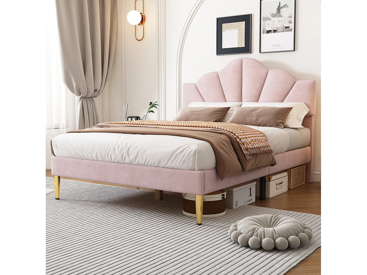 Lit enfant 140x200 cm en velours Rose, lit de style coquillage avec pieds en fer doré (sans matelas)