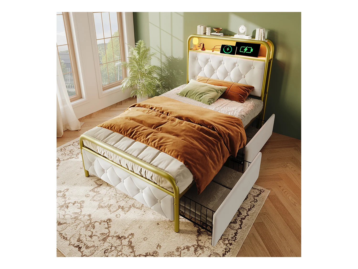 Letto singolo 90x200 cm con ricarica USB Type-C e LED - 2 cassetti - in velluto bianco (senza materasso)