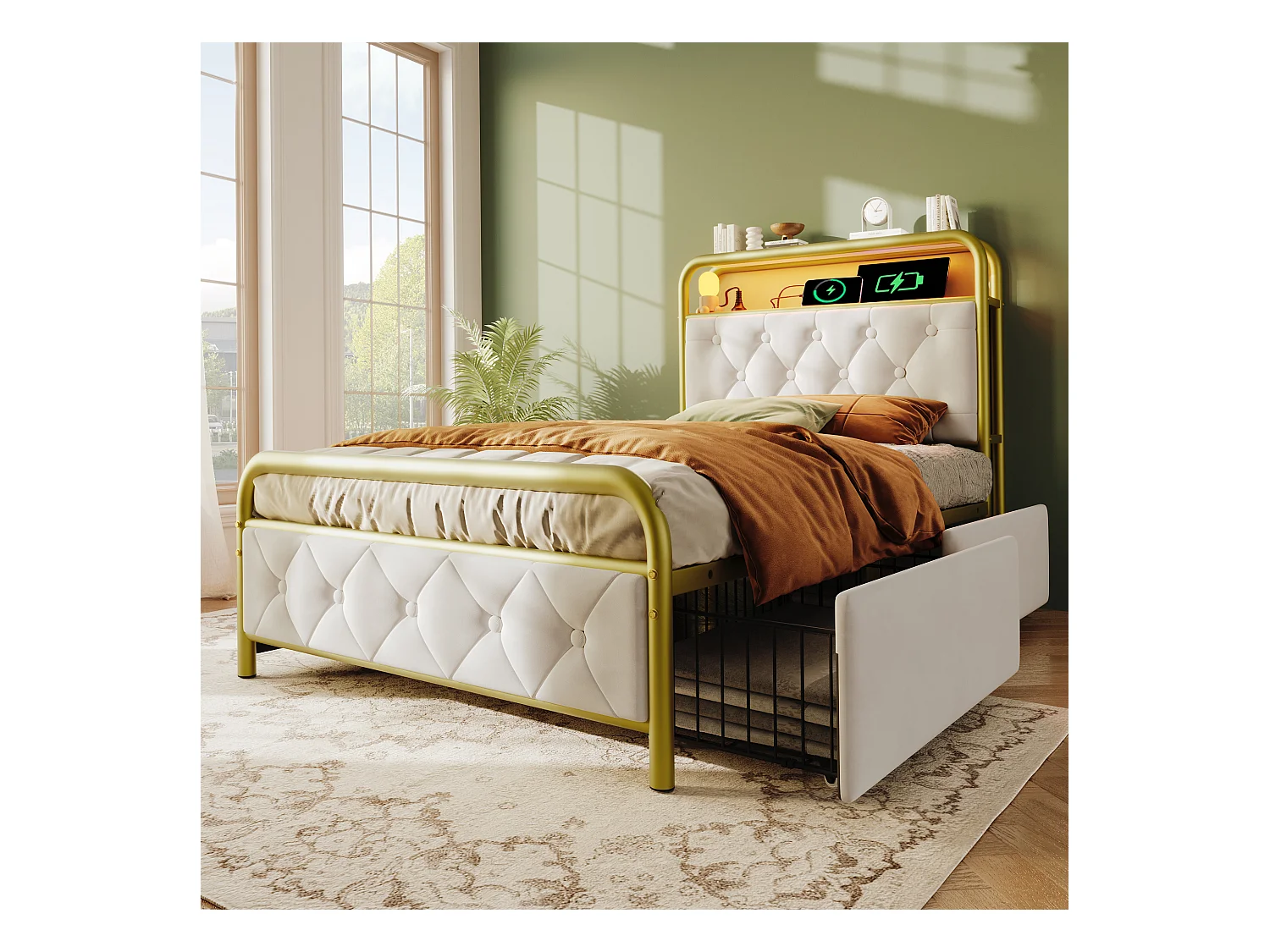 Letto singolo 90x200 cm con ricarica USB Type-C e LED - 2 cassetti - in velluto bianco (senza materasso)