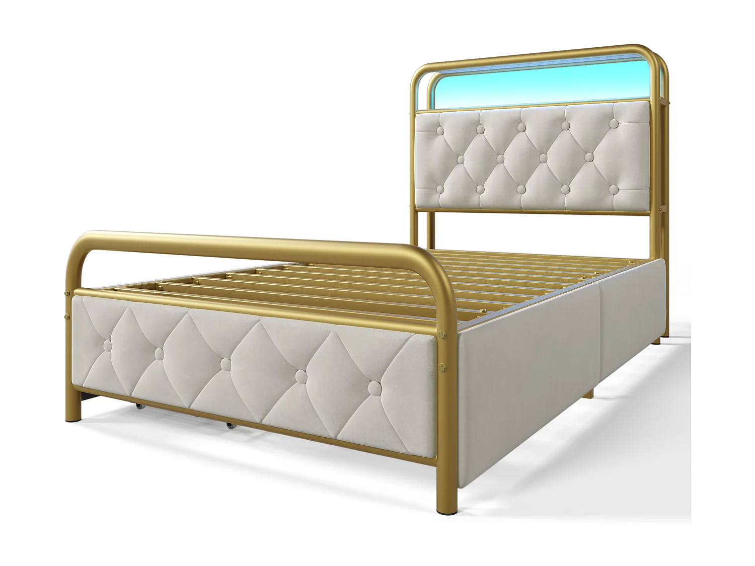 Letto singolo 90x200 cm con ricarica USB Type-C e LED - 2 cassetti - in velluto bianco (senza materasso)