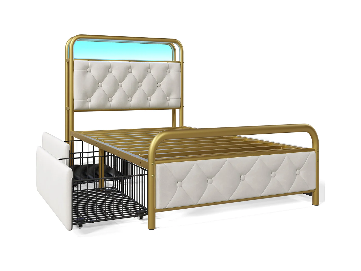 Lit enfant 90x200 cm avec charge USB Type-C et LED, 2 tiroirs, en velours blanc, sans matelas