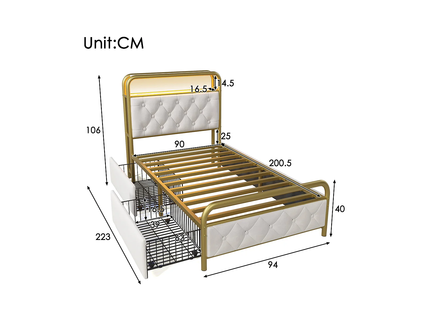 Lit enfant 90x200 cm avec charge USB Type-C et LED, 2 tiroirs, en velours blanc, sans matelas