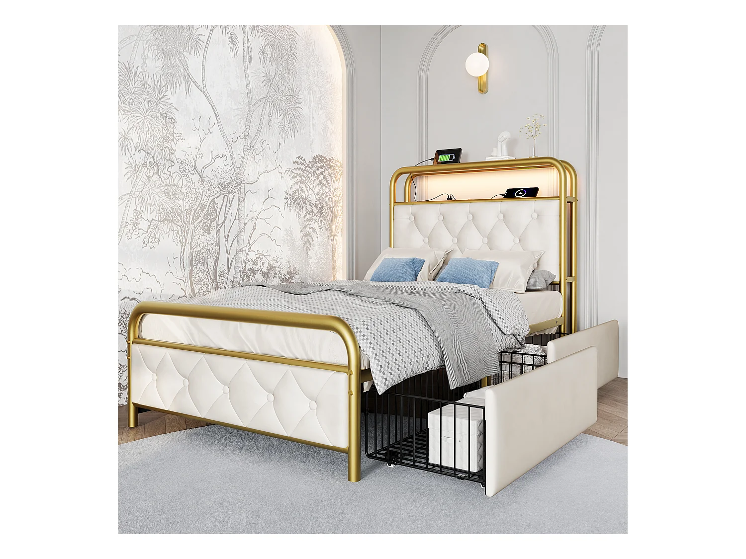 Lit enfant 90x200 cm avec charge USB Type-C et LED, 2 tiroirs, en velours blanc, sans matelas