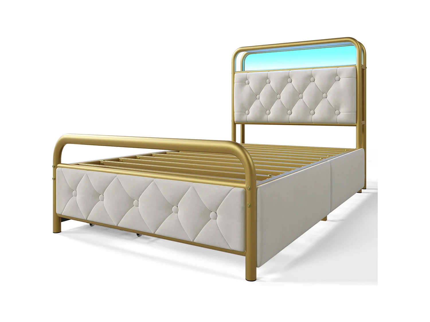 Lit enfant 90x200 cm avec charge USB Type-C et LED, 2 tiroirs, en velours blanc, sans matelas