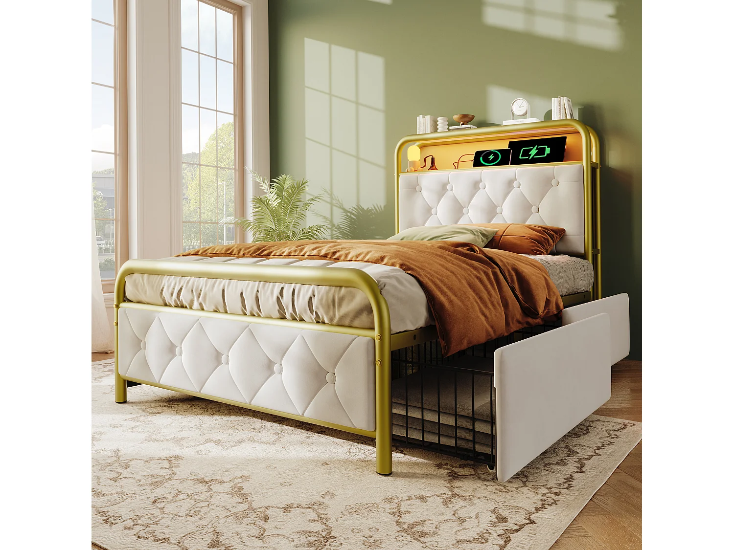 Cama solteiro 90x200 cm com carregamento USB Type-C e LED - 2 gavetas - em veludo branco (sem colchão)