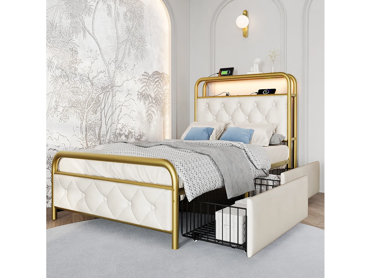 Cama solteiro 90x200 cm com carregamento USB Type-C e LED - 2 gavetas - em veludo branco (sem colchão)