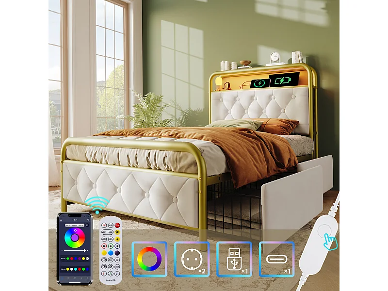 Cama solteiro 90x200 cm com carregamento USB Type-C e LED - 2 gavetas - em veludo branco (sem colchão)