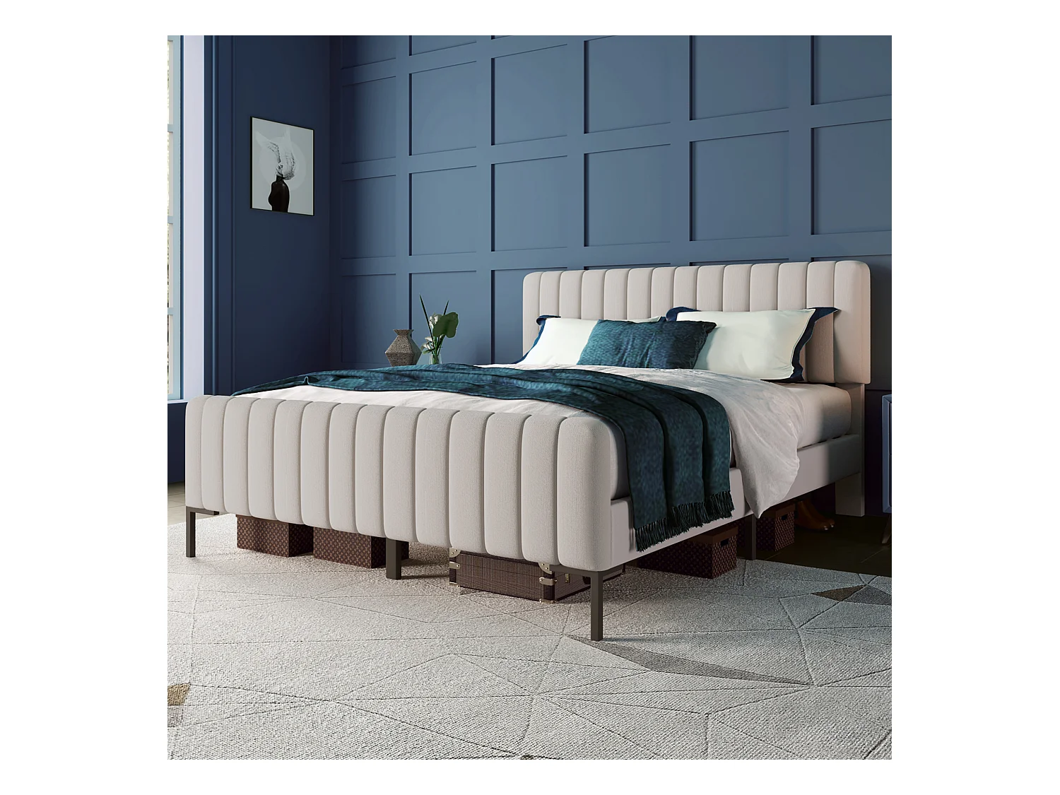 Lit adulte 160x200 cm avec tête de lit réglable - en lin gris-beige avec sommier à lattes(sans matelas)