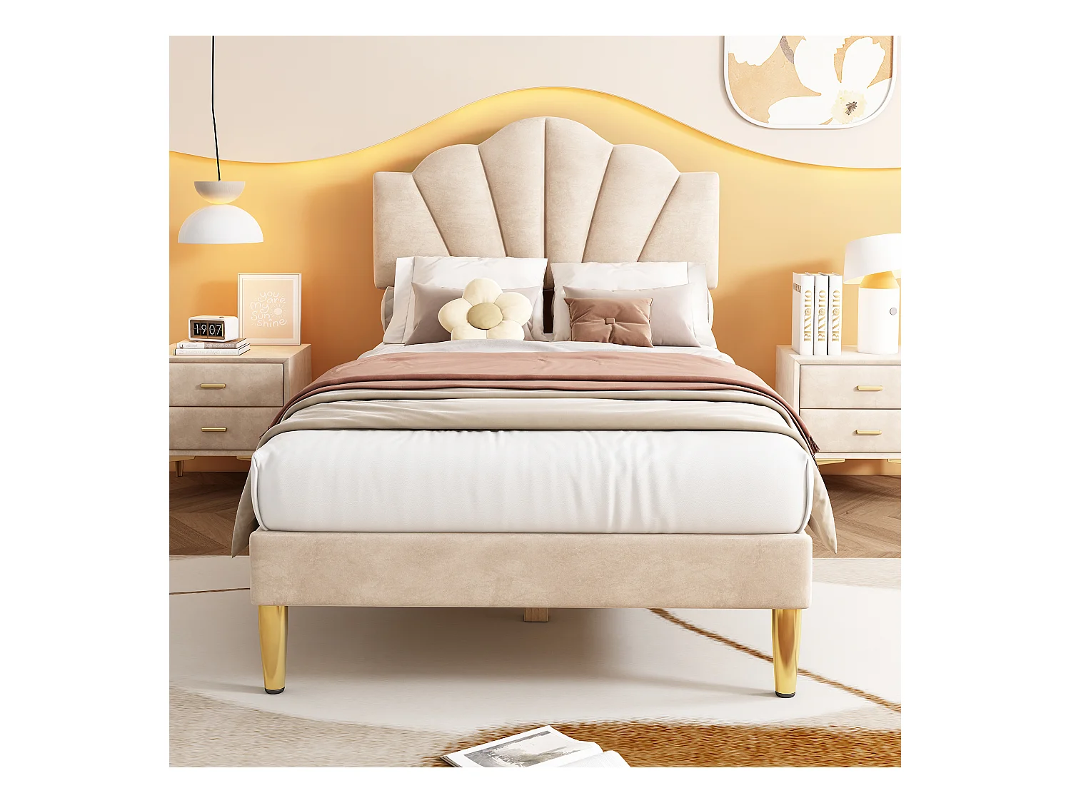 Lit coquillage simple 90x200 cm en velours beige avec pieds en métal doré, tête de lit réglable(sans matelas)