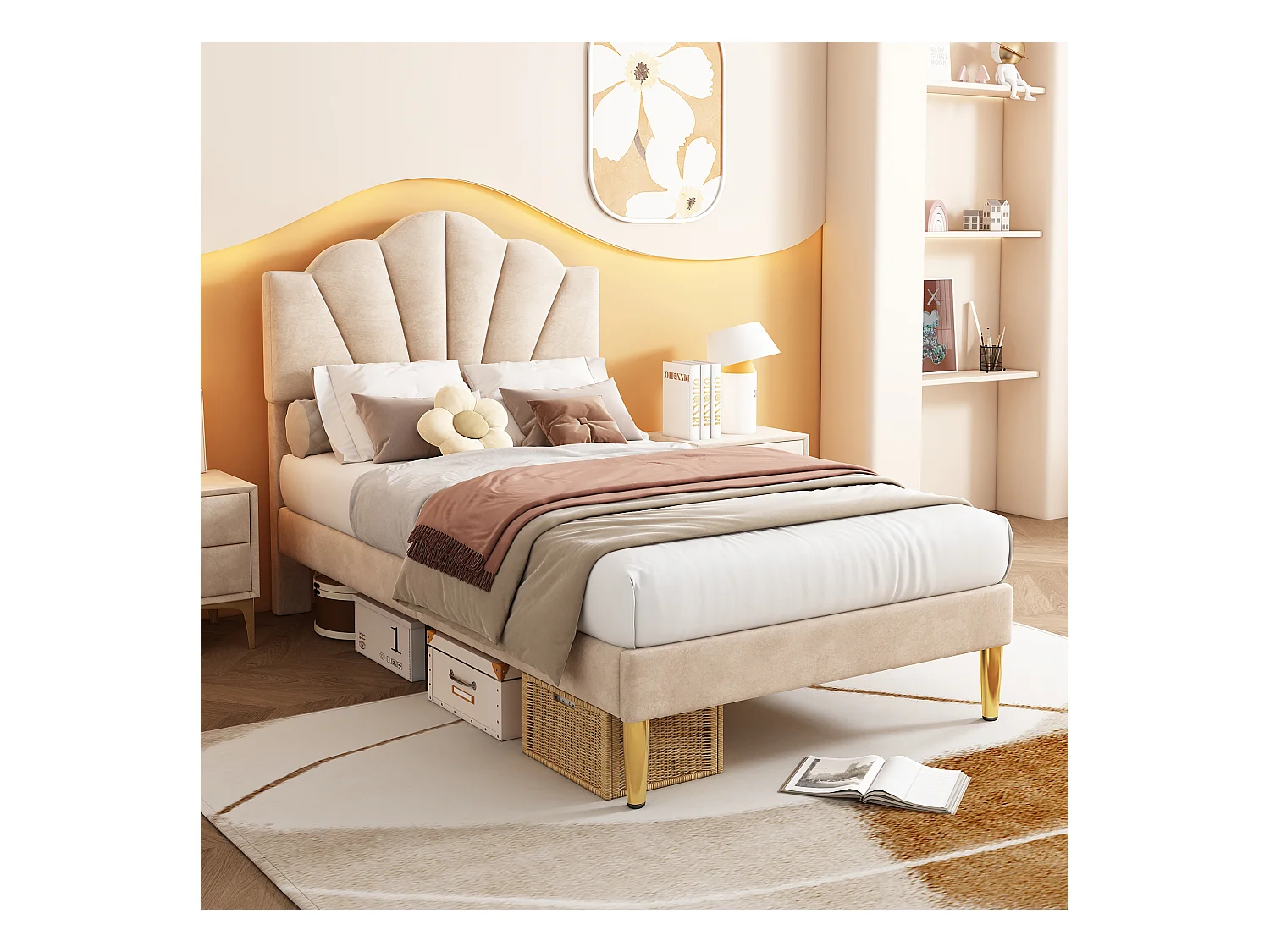 Lit coquillage simple 90x200 cm en velours beige avec pieds en métal doré, tête de lit réglable(sans matelas)