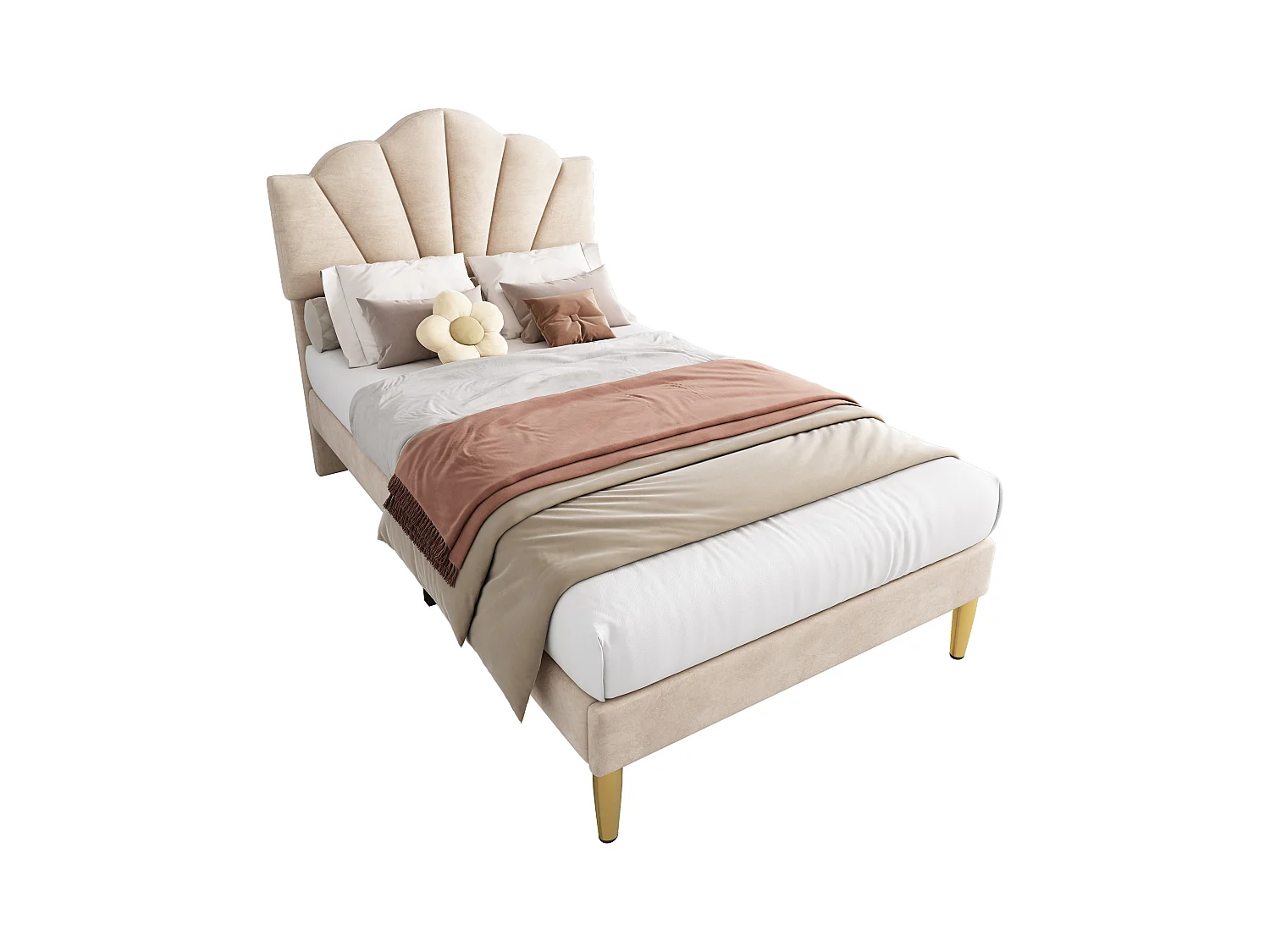 Lit coquillage simple 90x200 cm en velours beige avec pieds en métal doré, tête de lit réglable(sans matelas)