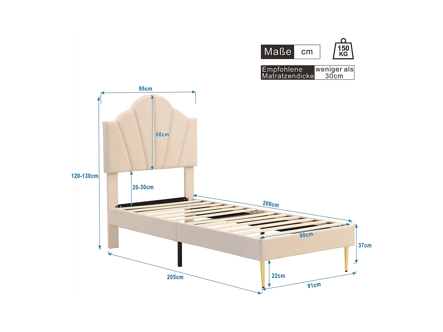 Lit coquillage simple 90x200 cm en velours beige avec pieds en métal doré, tête de lit réglable(sans matelas)