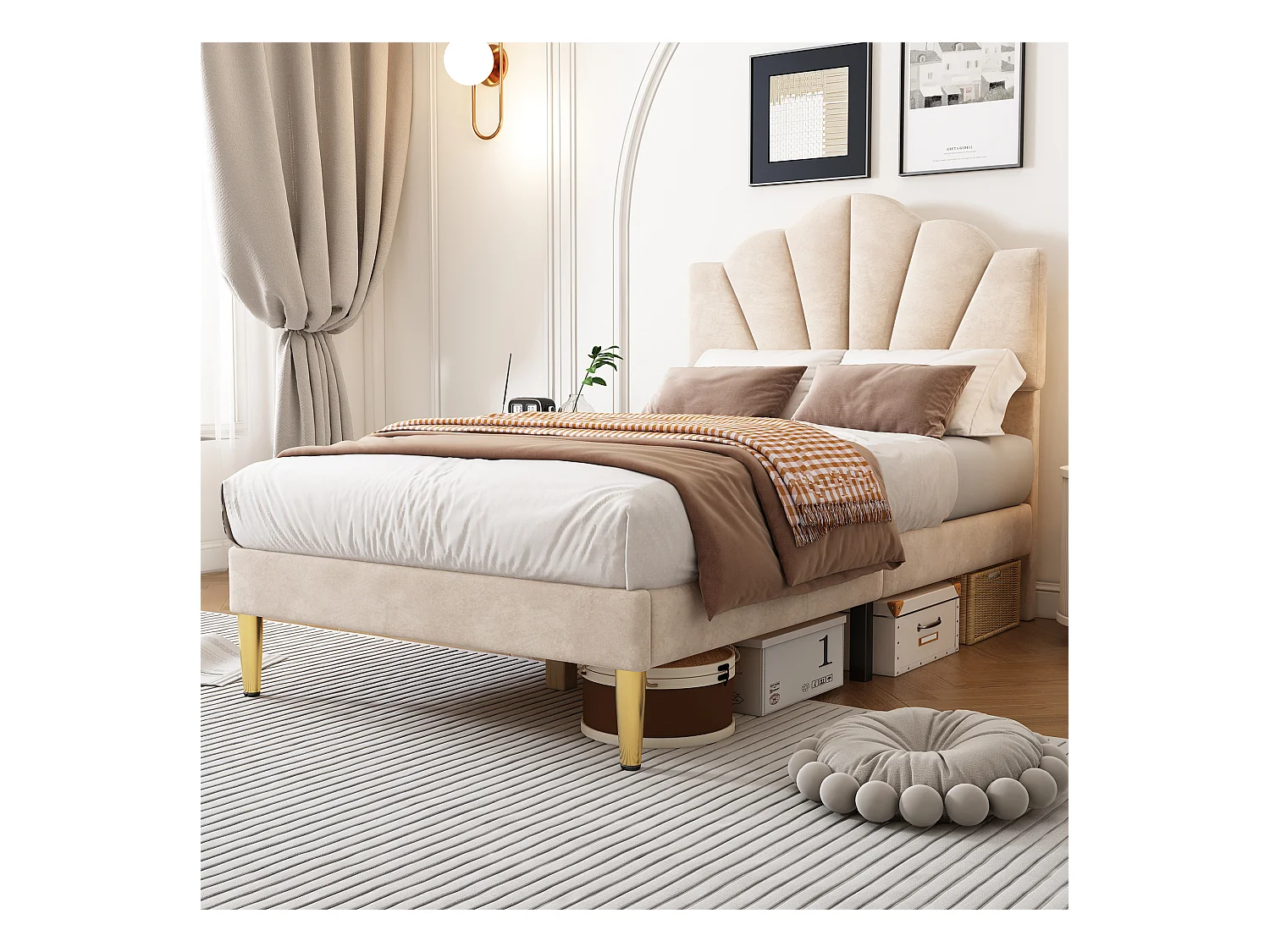 Lit coquillage simple 90x200 cm en velours beige avec pieds en métal doré, tête de lit réglable(sans matelas)