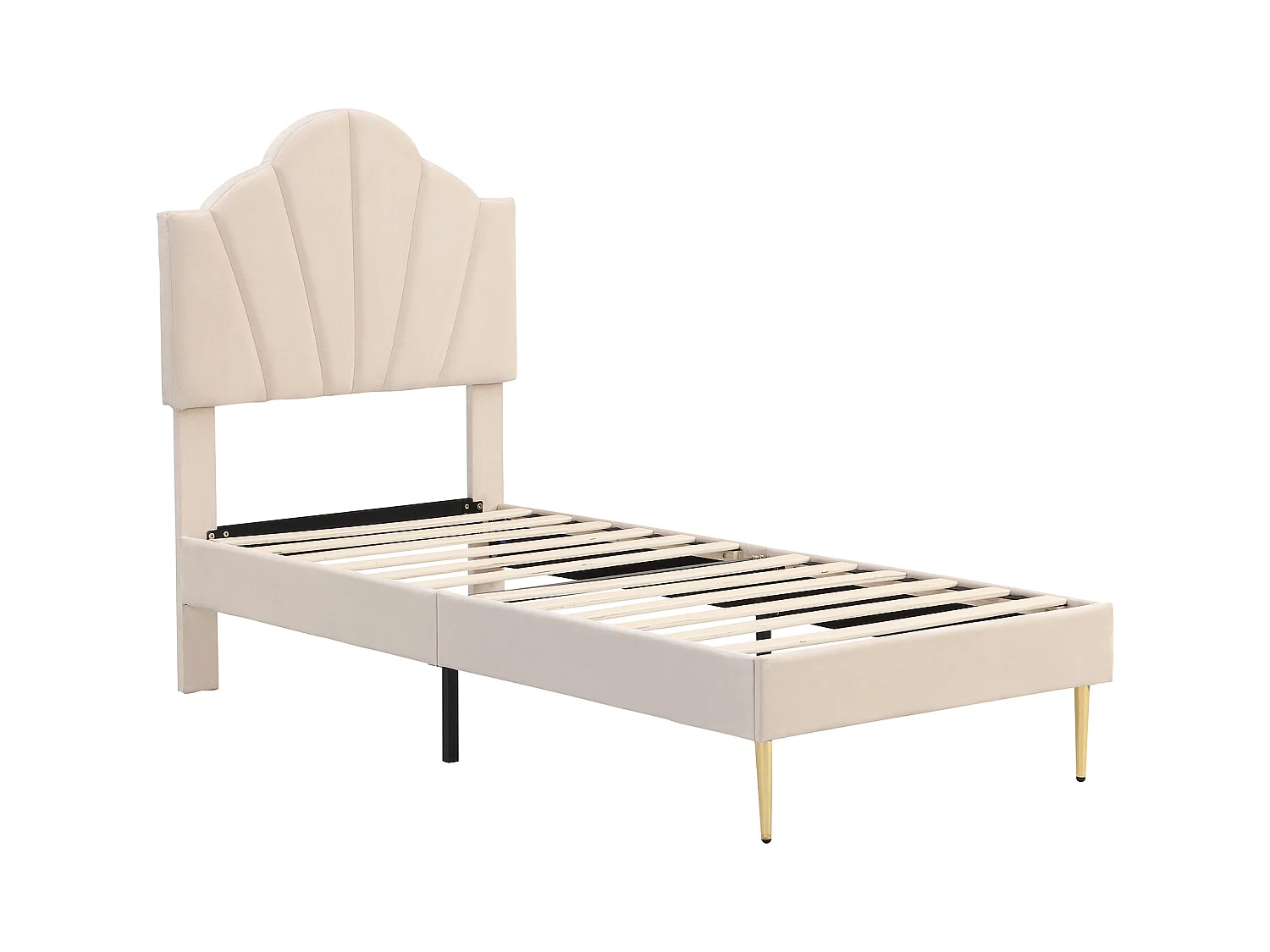 Lit coquillage simple 90x200 cm en velours beige avec pieds en métal doré, tête de lit réglable(sans matelas)