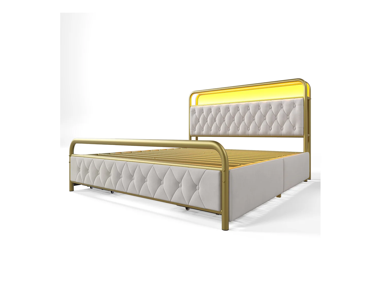 Lit adulte 140x200 cm en velours - Lit avec USB Type C, LED et 4 tiroirs, cadre en métal (sans matelas)