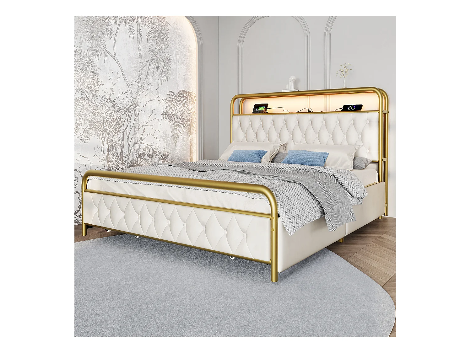 Lit adulte 140x200 cm en velours - Lit avec USB Type C, LED et 4 tiroirs, cadre en métal (sans matelas)