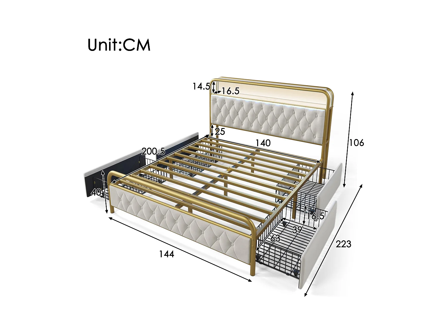 Lit adulte 140x200 cm en velours - Lit avec USB Type C, LED et 4 tiroirs, cadre en métal (sans matelas)
