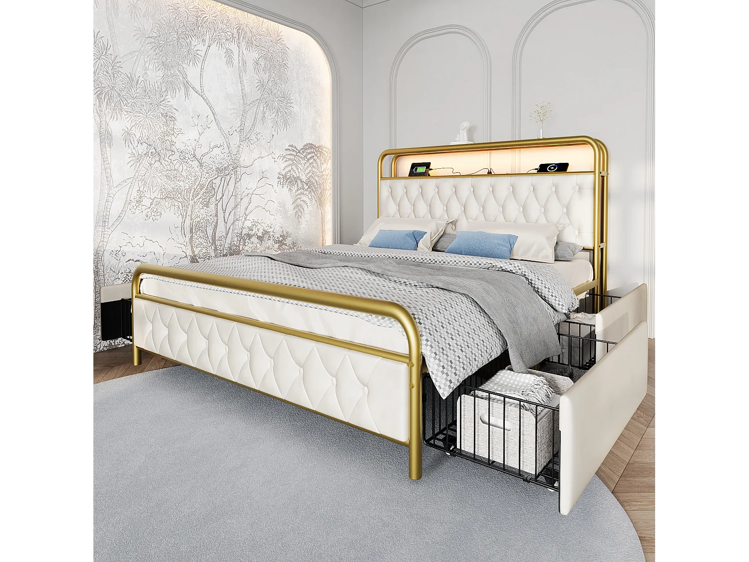 Cama casal 140x200 cm em veludo - Cama com USB Type C, LED e 4 gavetas, estrutura metálica (sem colchão)