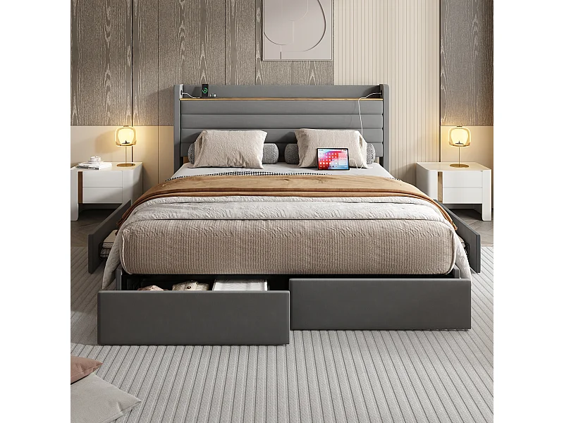 Lit 160x200 cm en velours gris - avec tête de lit USB et 4 tiroirs de rangement(sans matelas)