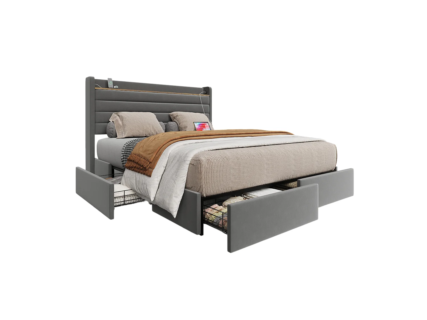 Lit 160x200 cm en velours gris - avec tête de lit USB et 4 tiroirs de rangement(sans matelas)