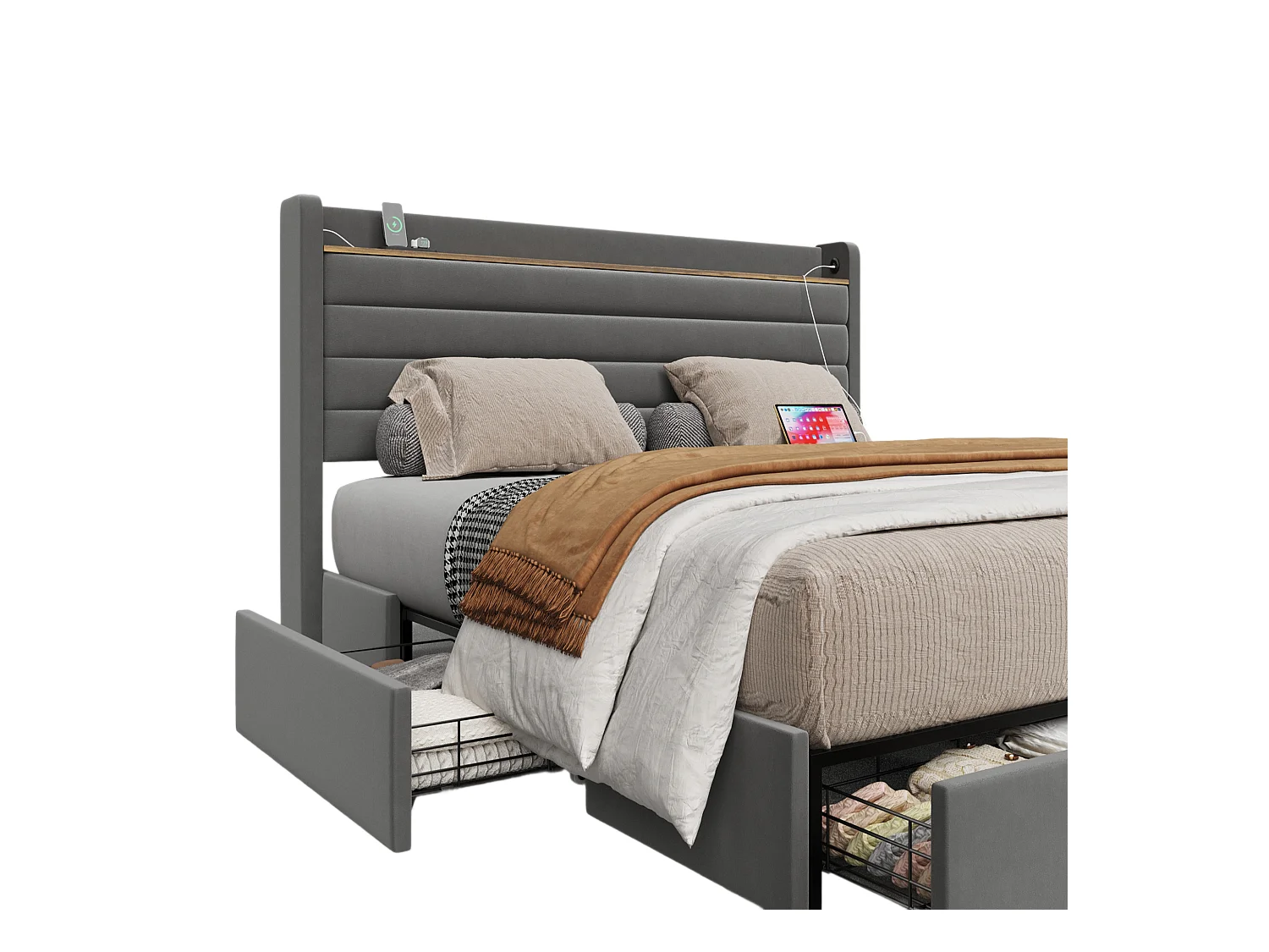 Lit 160x200 cm en velours gris - avec tête de lit USB et 4 tiroirs de rangement(sans matelas)