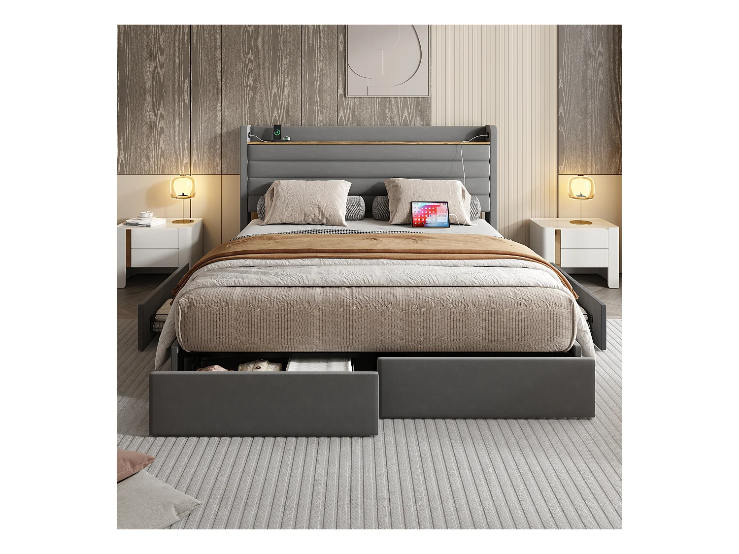 Letto 160x200 cm in velluto grigio con testiera USB e 4 cassetti contenitori (senza materasso)