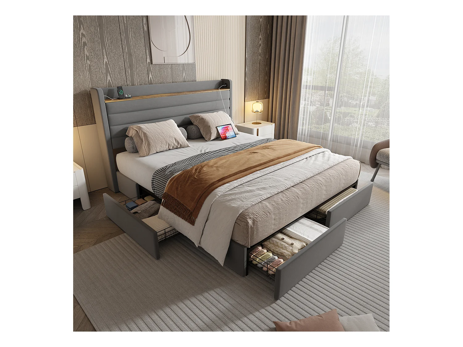 Lit 160x200 cm en velours gris - avec tête de lit USB et 4 tiroirs de rangement(sans matelas)