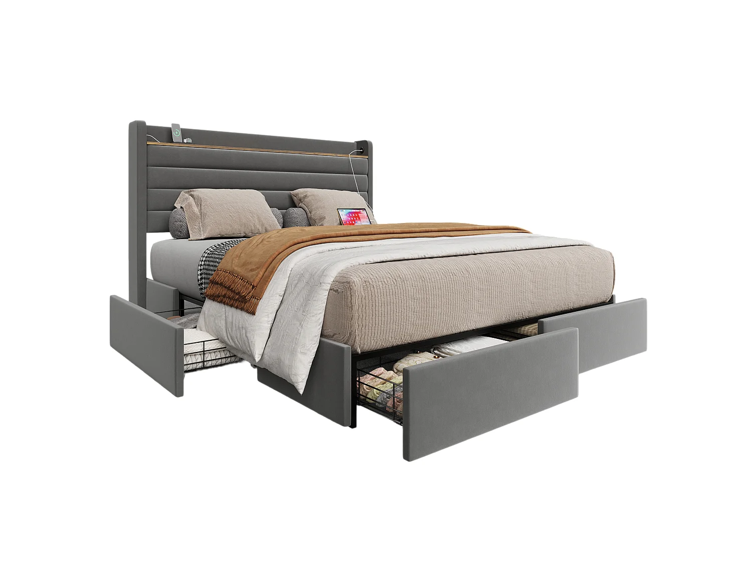 Cama 160x200 cm em veludo cinza com cabeceira USB e 4 gavetas de arrumação (sem colchão)