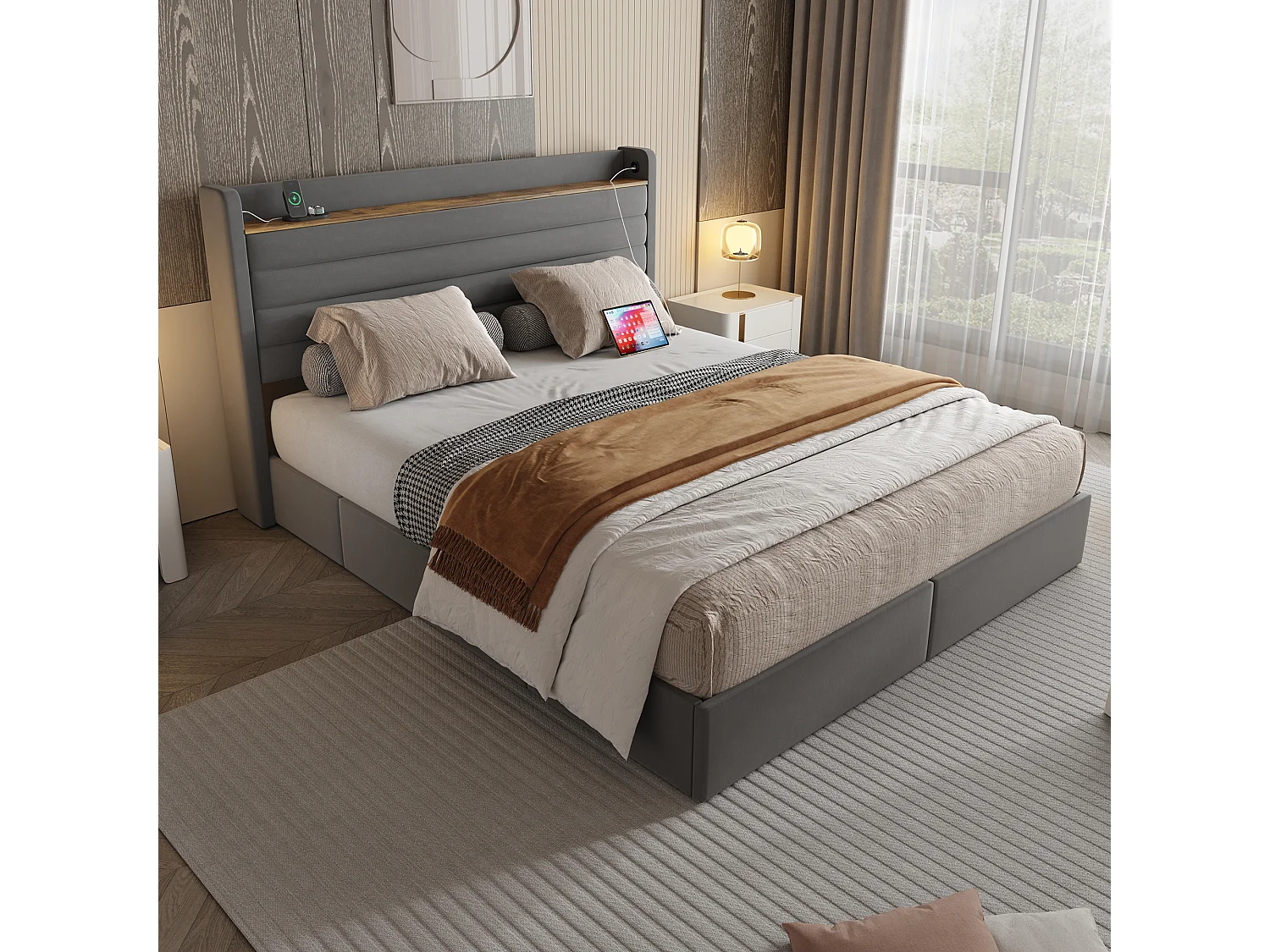 Cama 160x200 cm em veludo cinza com cabeceira USB e 4 gavetas de arrumação (sem colchão)