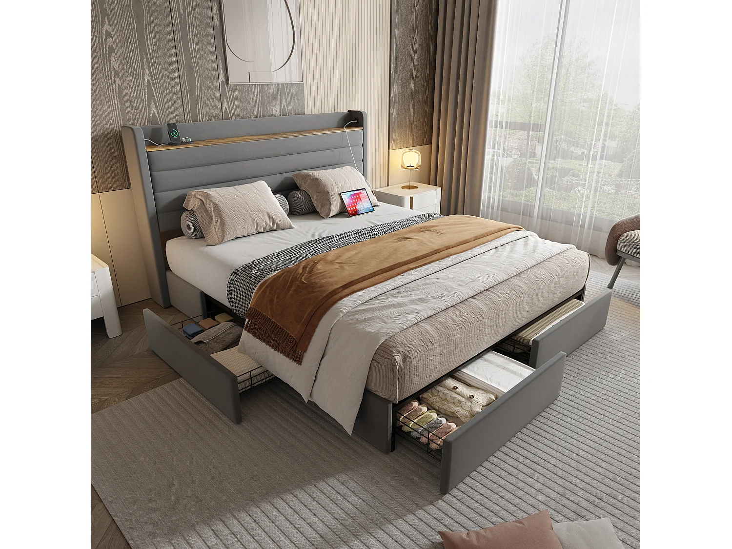 Cama 160x200 cm em veludo cinza com cabeceira USB e 4 gavetas de arrumação (sem colchão)