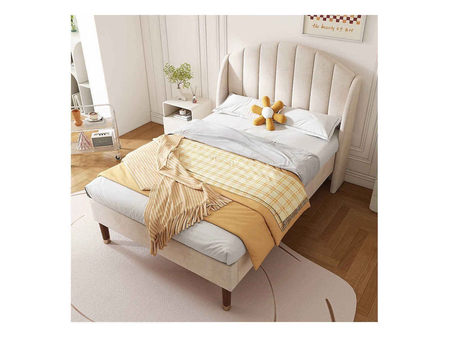 Cama individual 90x200 cm con cabecero – somier de láminas de madera, terciopelo beige (sin colchón)