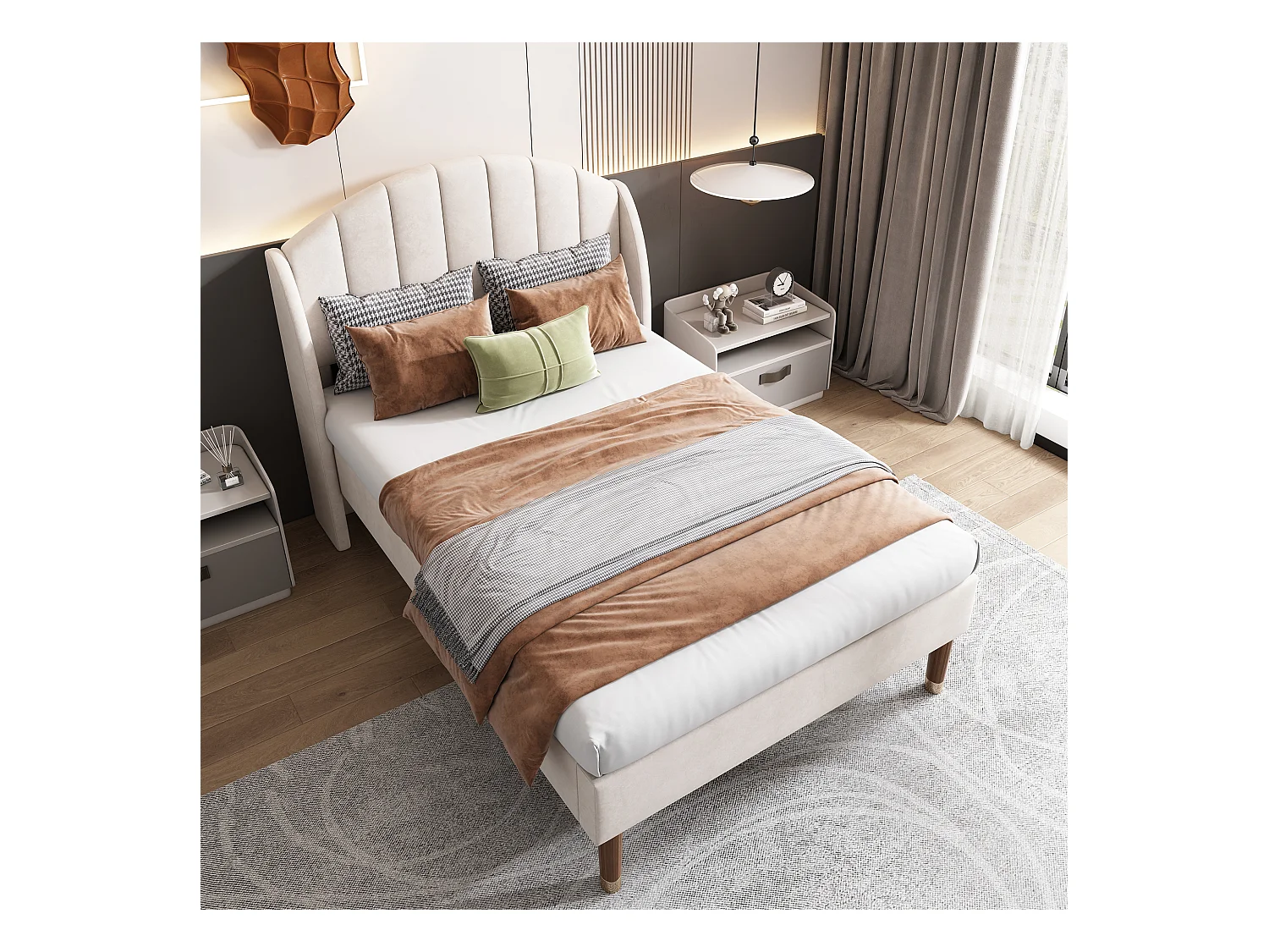 Cama individual 90x200 cm con cabecero – somier de láminas de madera, terciopelo beige (sin colchón)