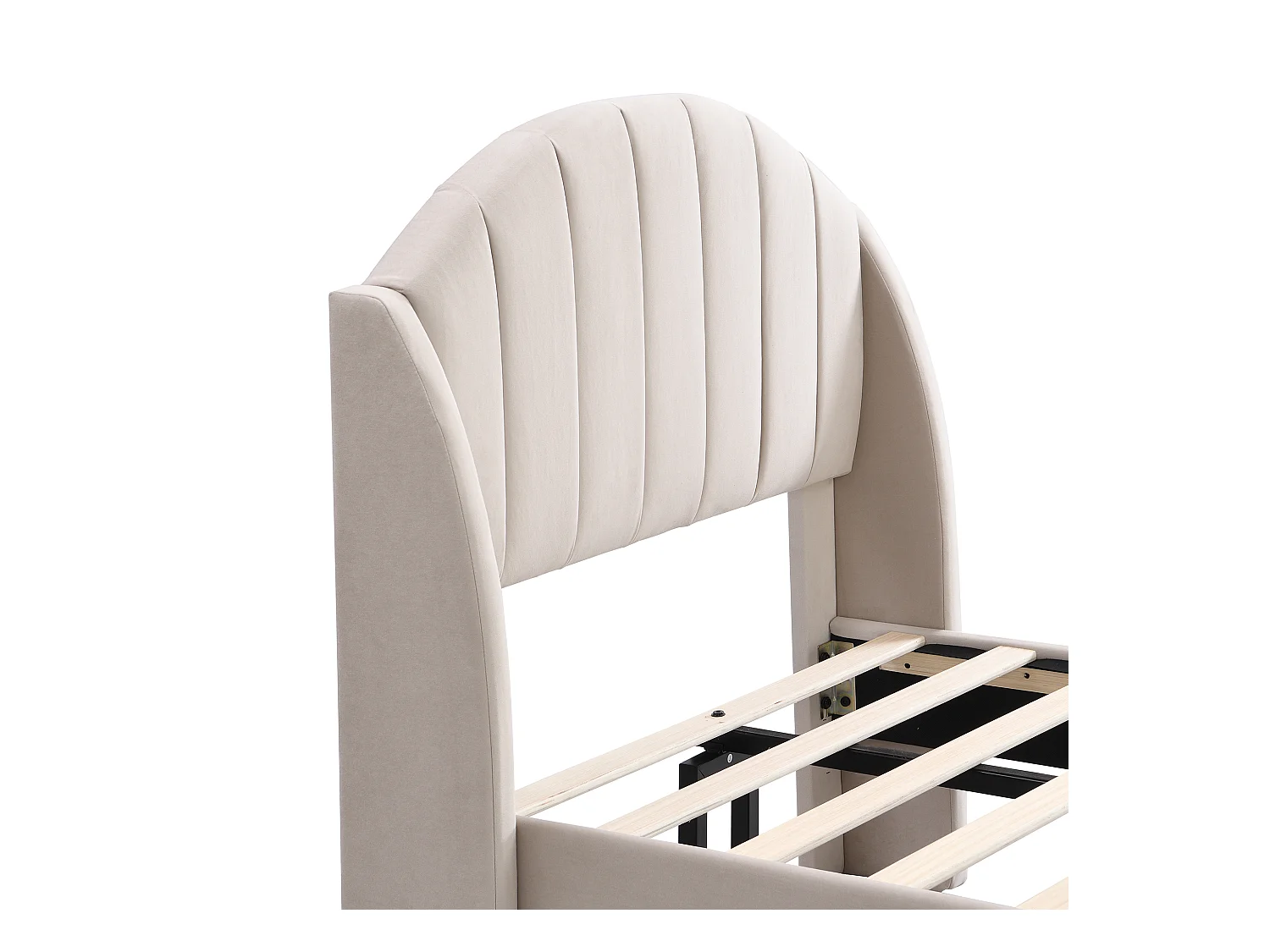 Cama individual 90x200 cm con cabecero – somier de láminas de madera, terciopelo beige (sin colchón)