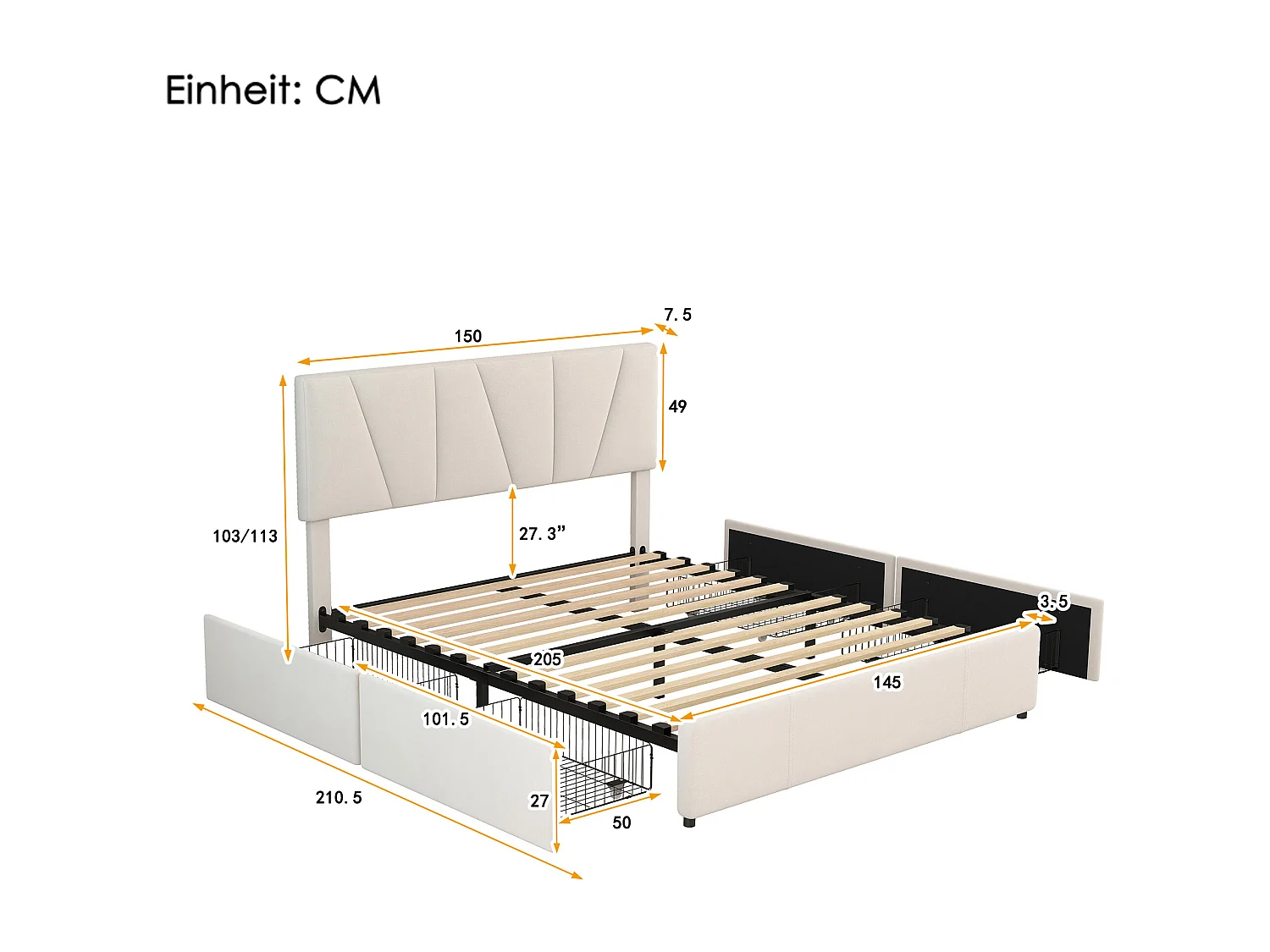 Lit adulte 140x200 cm avec 4 tiroirs - Tissu en velours Beige(sans matelas)