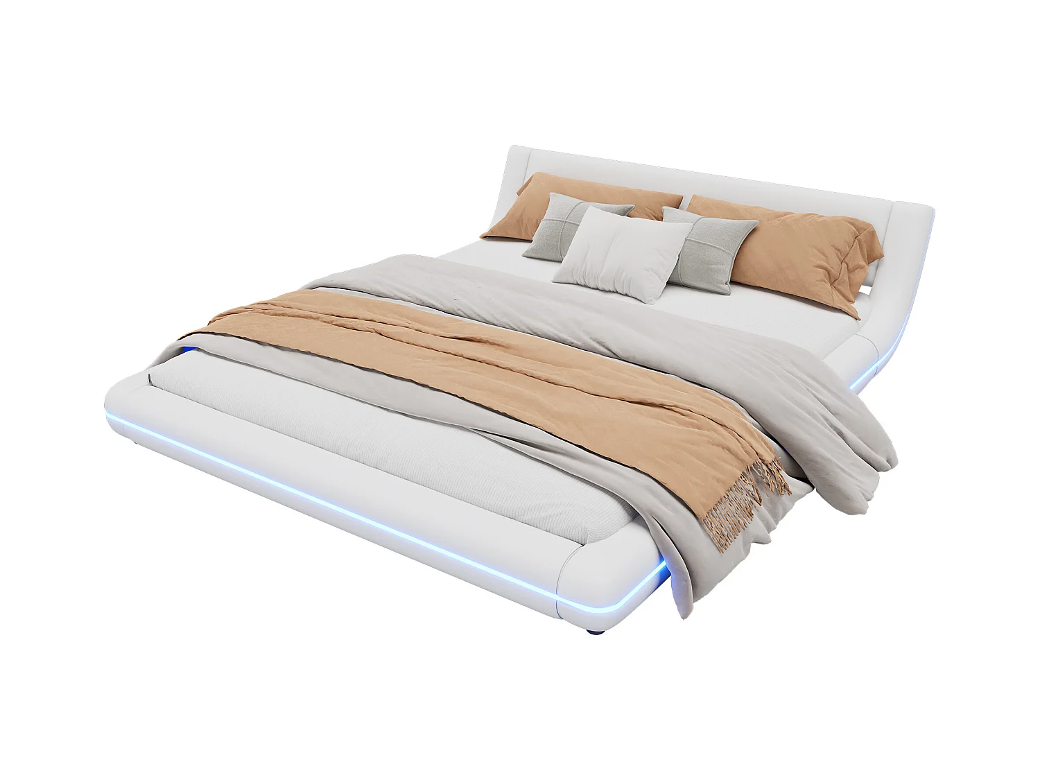 Lit adulte 160x200 cm, lit au sol avec éclairage d'ambiance LED, télécommande 24 touches, PU Blanc, sans matelas