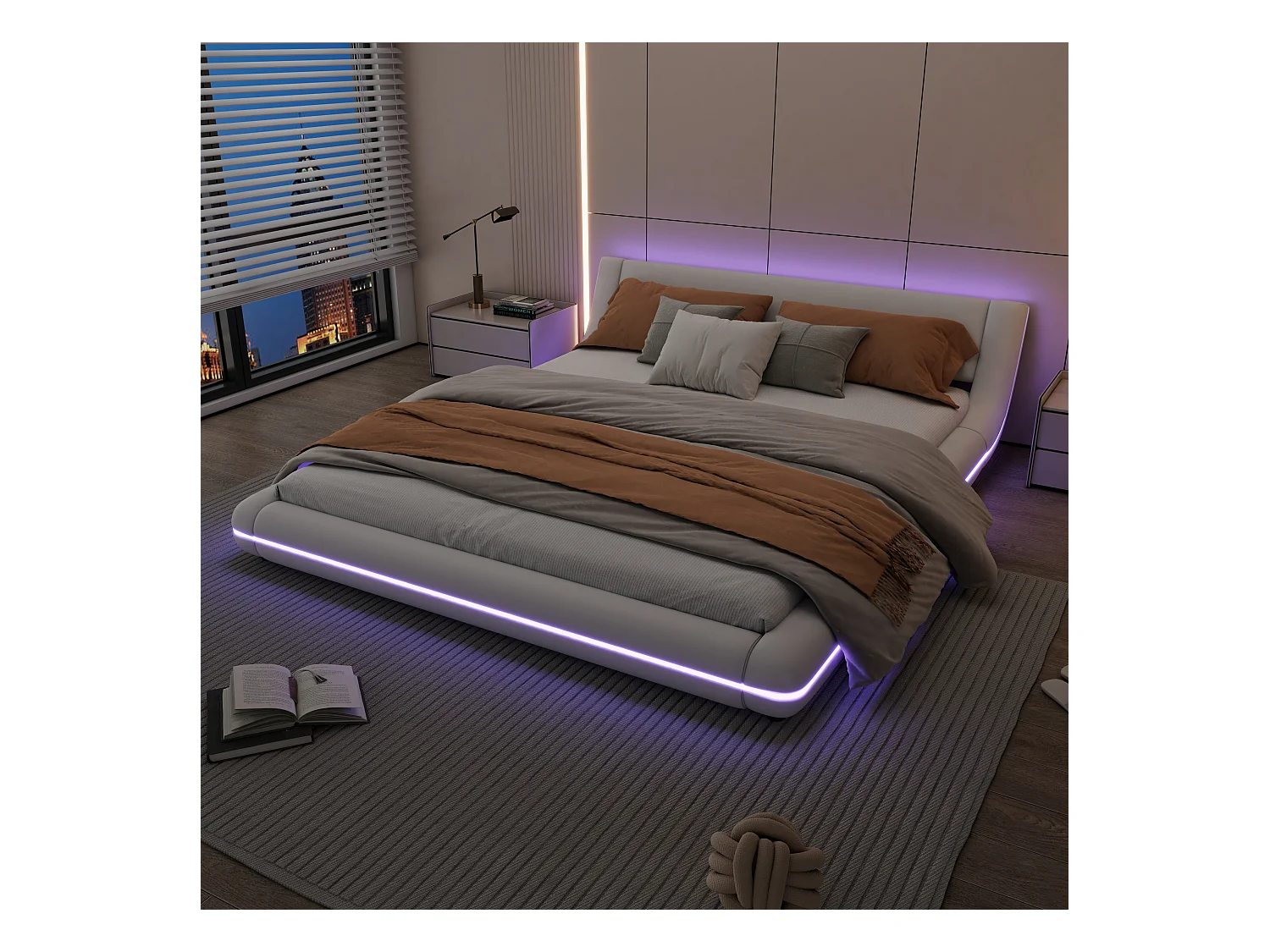 Lit adulte 160x200 cm, lit au sol avec éclairage d'ambiance LED, télécommande 24 touches, PU Blanc, sans matelas