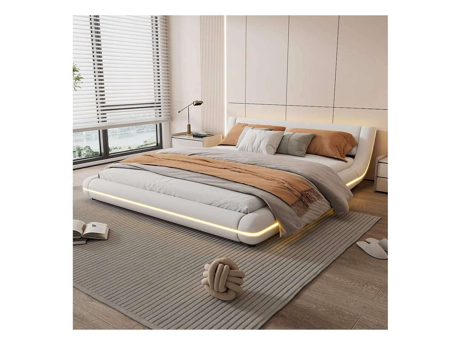 Lit adulte 160x200 cm, lit au sol avec éclairage d'ambiance LED, télécommande 24 touches, PU Blanc, sans matelas