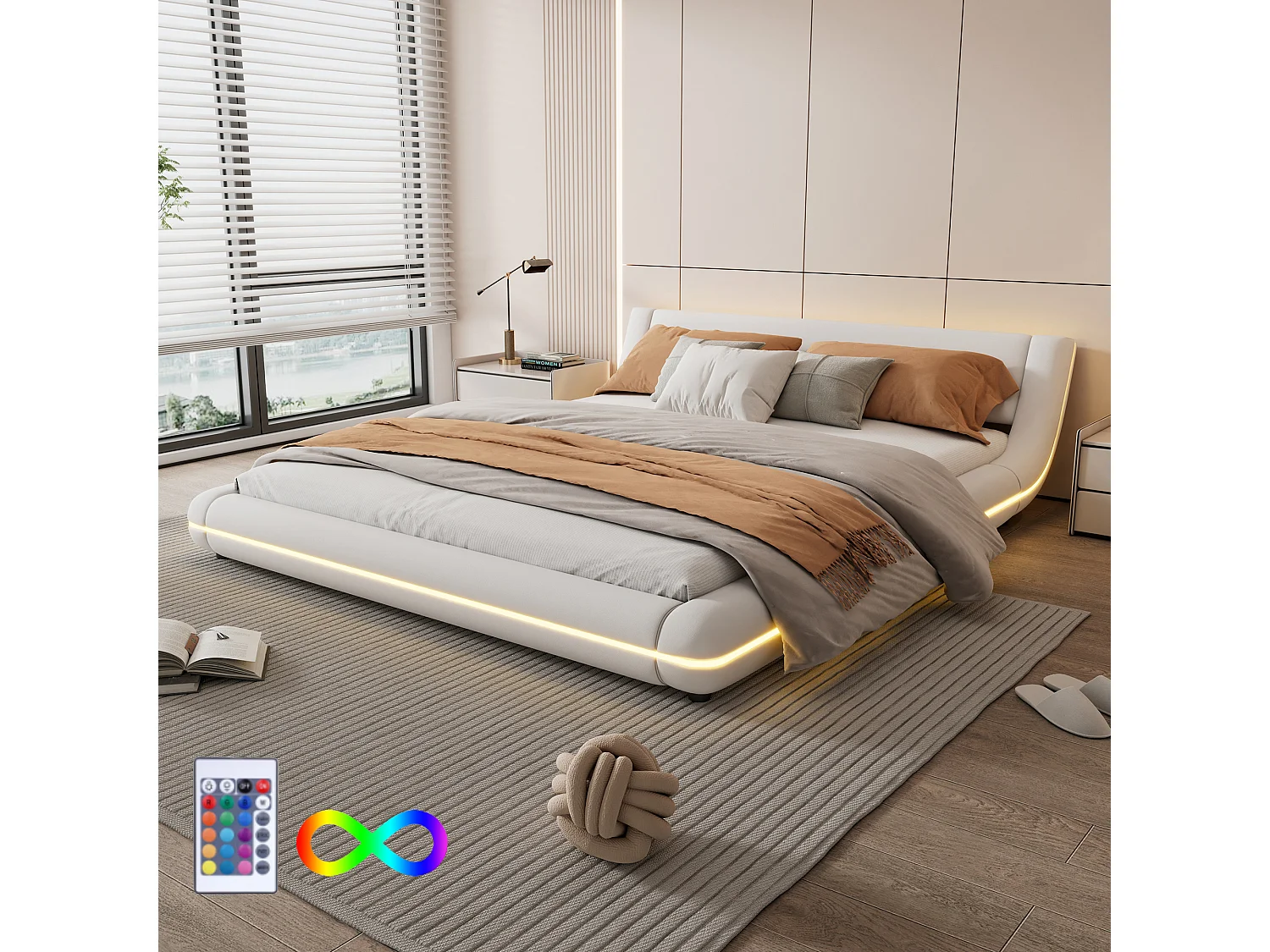 Lit adulte 160x200 cm, lit au sol avec éclairage d'ambiance LED, télécommande 24 touches, PU Blanc, sans matelas